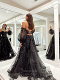 Black Beaded Lace Shimmering Tulle Prom Dresses Strapless Removable Puffed Sleeve 24125-Prom Dresses-vigocouture-Black-Custom Size-vigocouture