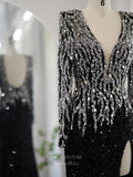 Black Beaded Sheath Prom Dresses with Slit Long Sleeve Plunging V-Neck 24435-Prom Dresses-vigocouture-Black-US2-vigocouture