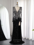 Black Beaded Sheath Prom Dresses with Slit Long Sleeve Plunging V-Neck 24435