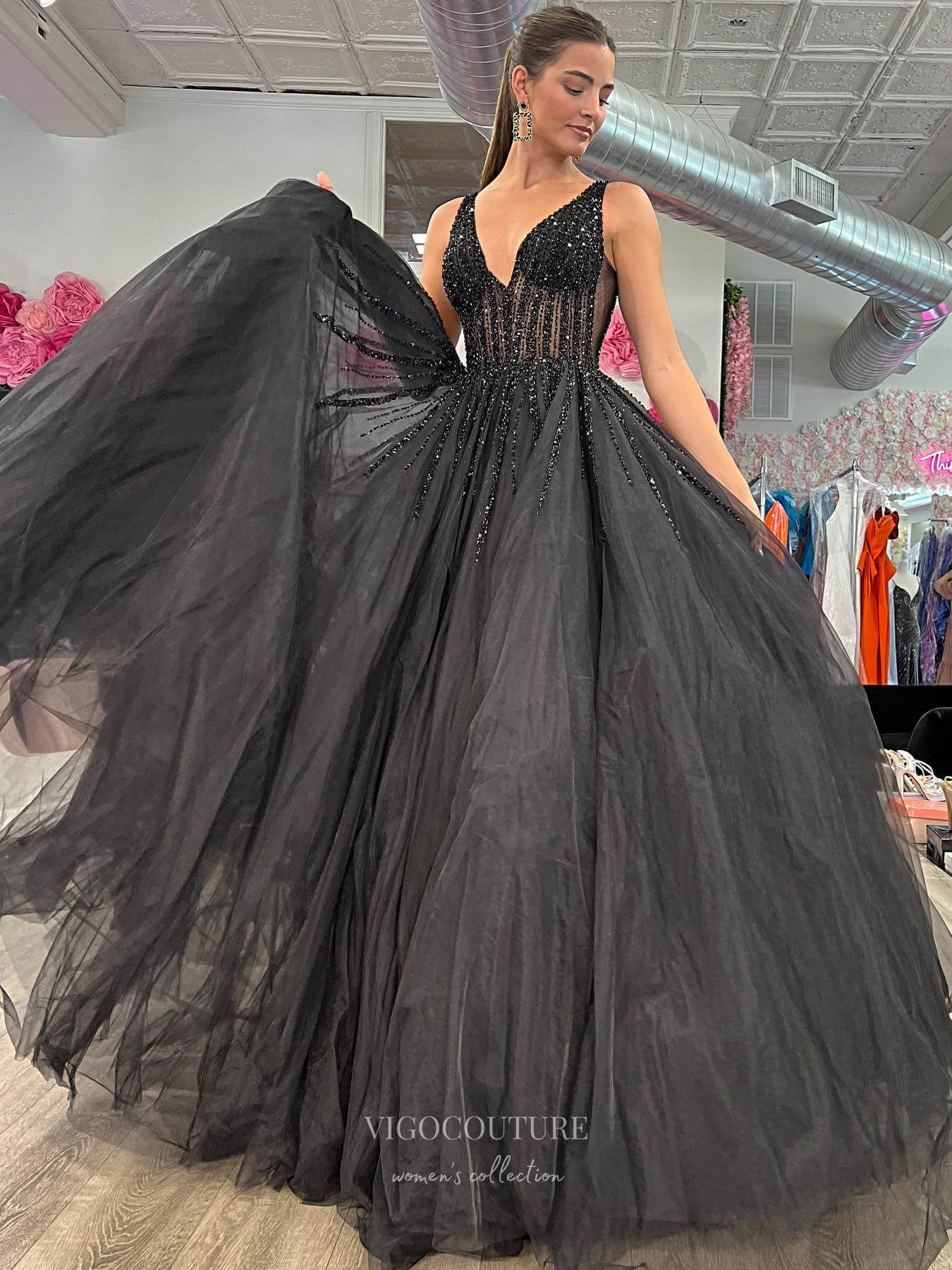 Black Beaded V-Neck Tulle Prom Dresses 2024 Sheer Boned Bodice 24219-Prom Dresses-vigocouture-Black-Custom Size-vigocouture