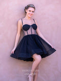 Black Dotted Tulle Homecoming Dresses Spaghetti Strap Graduation Dress hc466