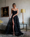 Black Floral Lace Prom Dresses with Slit Strapless Formal Gown 24209