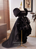 Black High Low Puffed Sleeve Prom Dresses Satin Formal Gown 24402-Prom Dresses-vigocouture-Black-Custom Size-vigocouture
