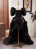 Black High Low Puffed Sleeve Prom Dresses Satin Formal Gown 24402-Prom Dresses-vigocouture-Black-Custom Size-vigocouture