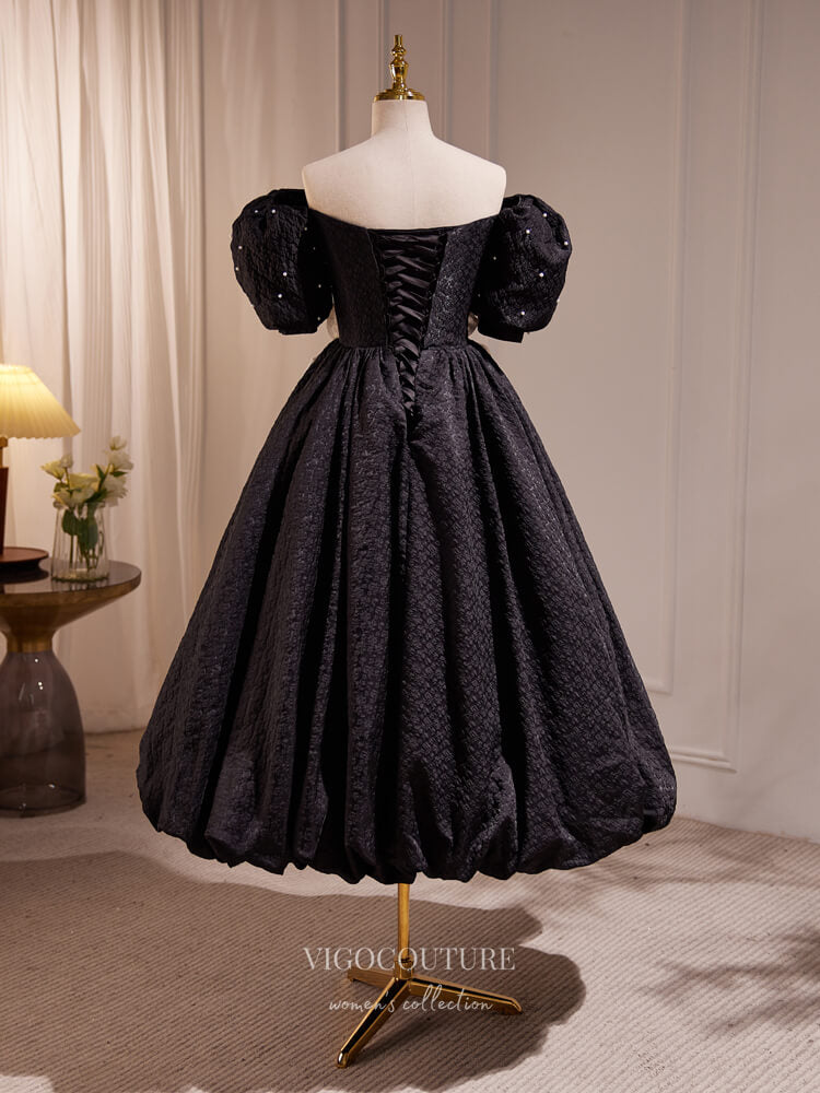Black Jacquard Satin Hoco Dresses Puffed Sleeve Midi-Length Dress hc252-Prom Dresses-vigocouture-Black-Custom Size-vigocouture
