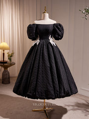 Black Jacquard Satin Hoco Dresses Puffed Sleeve Midi-Length Dress hc252