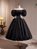 Black Jacquard Satin Hoco Dresses Puffed Sleeve Midi-Length Dress hc252-Prom Dresses-vigocouture-Black-Custom Size-vigocouture
