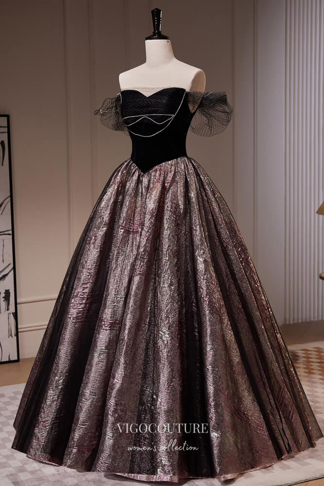 Black Jacquard Satin Prom Dresses Off the Shoulder Evening Dress 22388-Prom Dresses-vigocouture-Black-Custom Size-vigocouture