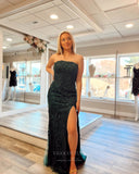 Black Lace Applique Cheap Prom Dresses with Slit Strapless Mermaid 24289-Prom Dresses-vigocouture-Black-Custom Size-vigocouture