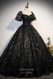 Black Lace Applique Prom Dresses Puffed Sleeve Quinceanera Dress 22341-Prom Dresses-vigocouture-Black-Custom Size-Ball Gown-vigocouture
