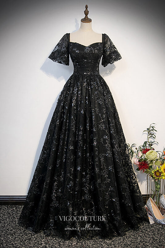 Black Lace Applique Prom Dresses Puffed Sleeve Quinceanera Dress 22341-Prom Dresses-vigocouture-Black-Custom Size-A-Line-vigocouture
