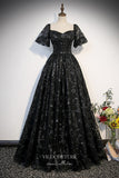 Black Lace Applique Prom Dresses Puffed Sleeve Quinceanera Dress 22341-Prom Dresses-vigocouture-Black-Custom Size-A-Line-vigocouture