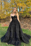 Black Pleated Tiered Prom Dresses 2024 Strapless Beaded Sheer Boned Bodice 24290-Prom Dresses-vigocouture-Black-Custom Size-vigocouture