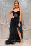 Black Ruffled High-Low Homecoming Dresses Spaghetti Strap Prom Dress hc435-Prom Dresses-vigocouture-Black-Custom Size-vigocouture