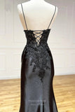 Black Satin Mermaid Cheap Prom Dresses with High Slit Lace Applique 24454-Prom Dresses-vigocouture-Black-Custom Size-vigocouture