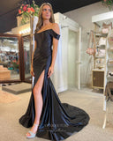 Black Satin Mermaid Prom Dresses with Slit Off the Shoulder Evening Dress 24032-Prom Dresses-vigocouture-Black-Custom Size-vigocouture
