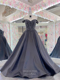 Black Satin Off the Shoulder Prom Dresses Beaded Boned Bodice 24173-Prom Dresses-vigocouture-Black-Custom Size-vigocouture