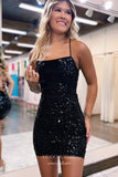 Black Sequin Spaghetti Strap Homecoming Dresses Sparkly Cheap Graduation Dress hc436