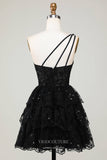 Black Sparkly One Shoulder Homecoming Dresses Tiered Lace Back to School Dress hc417-Prom Dresses-vigocouture-Black-Custom Size-vigocouture