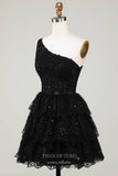 Black Sparkly One Shoulder Homecoming Dresses Tiered Lace Back to School Dress hc417-Prom Dresses-vigocouture-Black-Custom Size-vigocouture