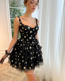 Black Starry Tulle Homecoming Dress Spaghetti Strap Graduation Dress hc285-Prom Dresses-vigocouture-Black-US0-vigocouture