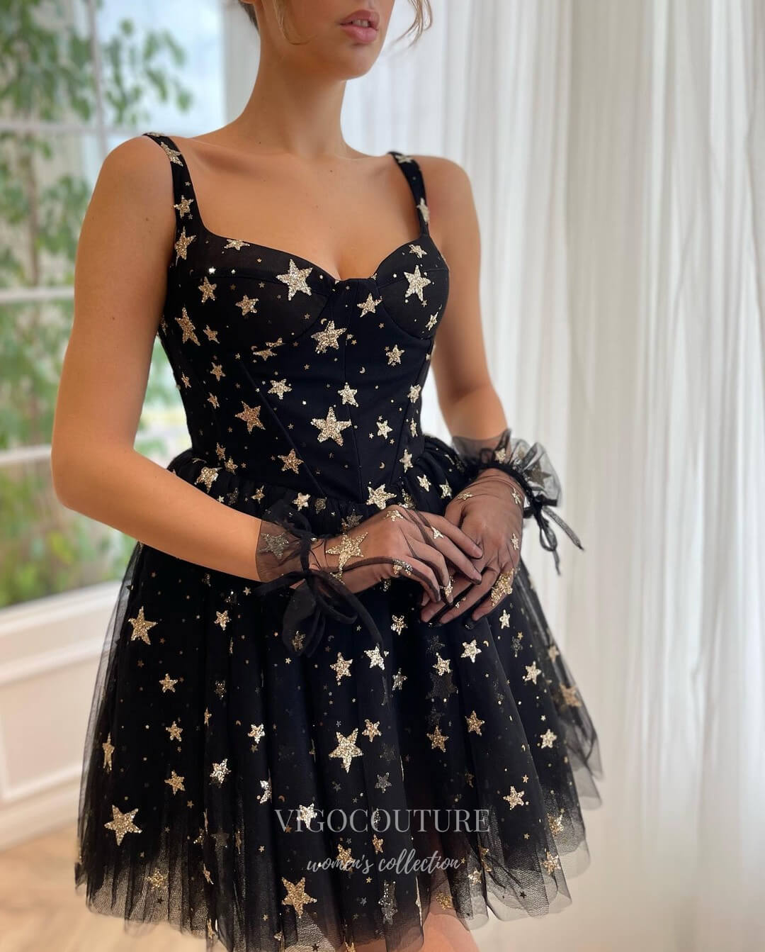 Black Starry Tulle Homecoming Dress Spaghetti Strap Graduation Dress hc285-Prom Dresses-vigocouture-Black-US0-vigocouture