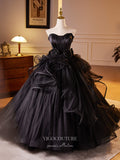 Black Strapless 3D Flower Prom Dresses Ruffled Quinceanera Dress 24400