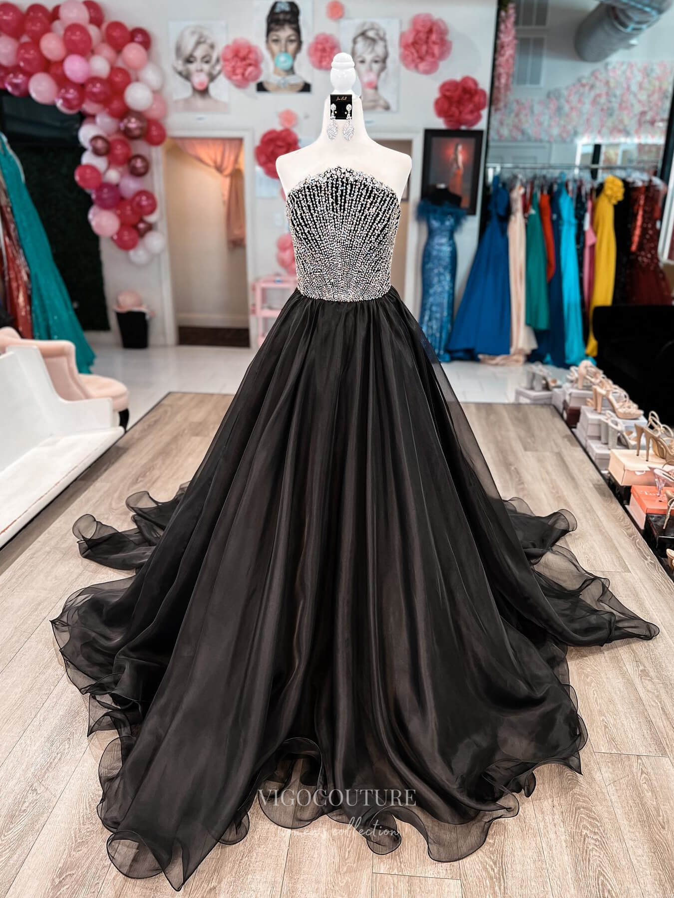 Black Strapless Organza Prom Dresses 2024 Beaded Bodice 24218-Prom Dresses-vigocouture-Black-Custom Size-vigocouture