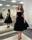 Black Strapless Prom Dresses Tea-Length Velvet Short Formal Dress 21906-Prom Dresses-vigocouture-Black-US2-vigocouture