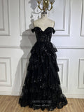 Black Tiered Lace Prom Dresses Sparkly Off the Shoulder Pageant Dress 25016-Prom Dresses-vigocouture-Black-US2-vigocouture