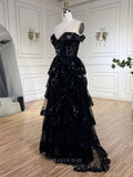 Black Tiered Lace Prom Dresses Sparkly Off the Shoulder Pageant Dress 25016-Prom Dresses-vigocouture-Black-US2-vigocouture