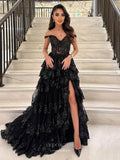 Black Tiered Lace Prom Dresses Sparkly Off the Shoulder Pageant Dress 25016-Prom Dresses-vigocouture-Black-US2-vigocouture