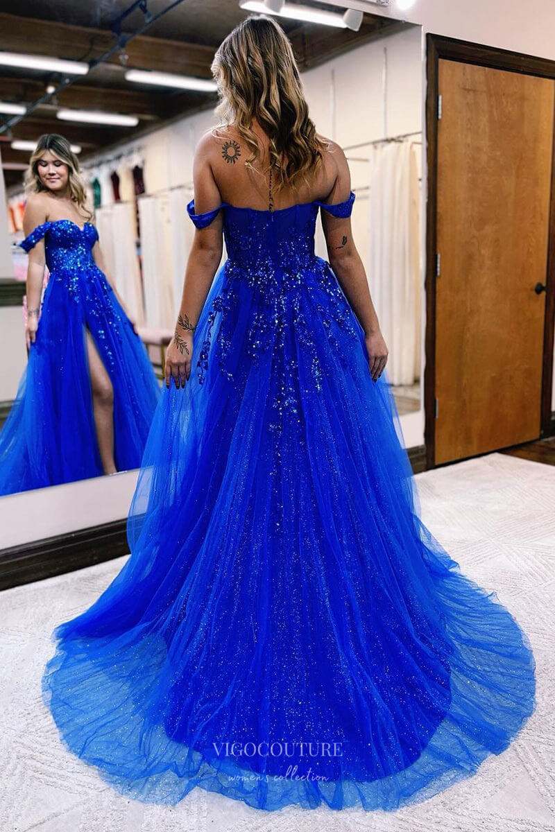 Blue Beaded Lace Prom Dresses with Slit Off the Shoulder Evening Gown 24206-Prom Dresses-vigocouture-Blue-Custom Size-vigocouture