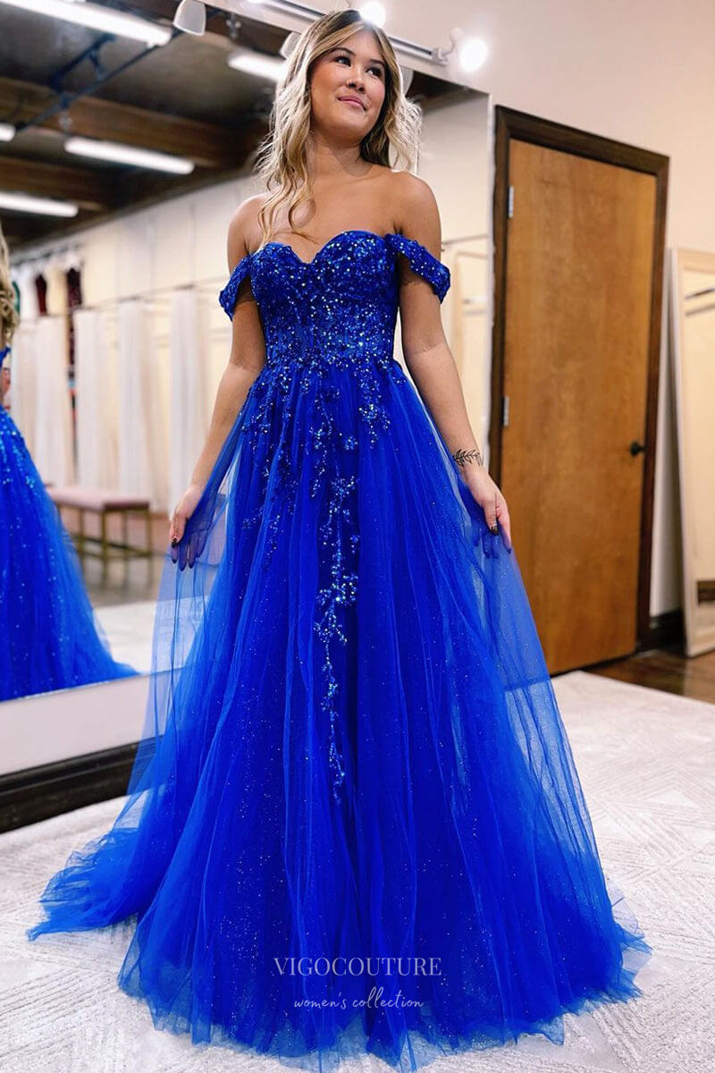 Blue Beaded Lace Prom Dresses with Slit Off the Shoulder Evening Gown 24206-Prom Dresses-vigocouture-Blue-Custom Size-vigocouture