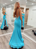 Blue Beaded Spaghetti Strap Satin Prom Dresses with Slit Mermaid Open Back 24076-Prom Dresses-vigocouture-Blue-Custom Size-vigocouture