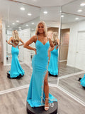 Blue Beaded Spaghetti Strap Satin Prom Dresses with Slit Mermaid Open Back 24076-Prom Dresses-vigocouture-Blue-Custom Size-vigocouture