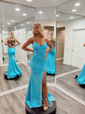 Blue Beaded Spaghetti Strap Satin Prom Dresses with Slit Mermaid Open Back 24076-Prom Dresses-vigocouture-Blue-Custom Size-vigocouture