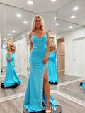 Blue Beaded Spaghetti Strap Satin Prom Dresses with Slit Mermaid Open Back 24076-Prom Dresses-vigocouture-Blue-Custom Size-vigocouture