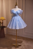 Blue Butterfly Off the Shoulder Hoco Dresses Pearl String Graduation Dress hc301-Prom Dresses-vigocouture-Blue-Custom Size-vigocouture