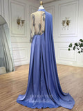 Blue Cape Sleeve Satin Prom Dresses Beaded Lace Formal Dress 24508-Prom Dresses-vigocouture-Blue-US2-vigocouture