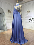 Blue Cape Sleeve Satin Prom Dresses Beaded Lace Formal Dress 24508-Prom Dresses-vigocouture-Blue-US2-vigocouture