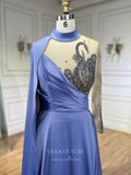 Blue Cape Sleeve Satin Prom Dresses Beaded Lace Formal Dress 24508-Prom Dresses-vigocouture-Blue-US2-vigocouture