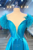 Blue Feathers Satin Cheap Prom Dresses 2024 Plunging V-Neck 24265-Prom Dresses-vigocouture-Blue-Custom Size-vigocouture