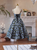 Blue Floral Print Homecoming Dress Spaghetti Strap Graduation Dress hc333-Prom Dresses-vigocouture-Blue-Custom Size-vigocouture