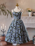 Blue Floral Print Homecoming Dress Spaghetti Strap Graduation Dress hc333-Prom Dresses-vigocouture-Blue-Custom Size-vigocouture