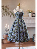 Blue Floral Print Homecoming Dress Spaghetti Strap Graduation Dress hc333-Prom Dresses-vigocouture-Blue-Custom Size-vigocouture