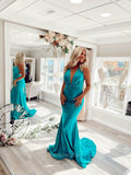 Blue Halter Cross Back Plunging V-Neck Prom Dresses Satin Mermaid Evening Dress 24087-Prom Dresses-vigocouture-Blue-Custom Size-vigocouture