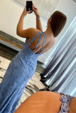 Blue Lace Applique Mermaid Prom Dresses with Slit One Shoulder 24286-Prom Dresses-vigocouture-Blue-Custom Size-vigocouture