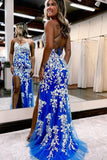 Blue Mermaid Lace Applique Prom Dresses with Slit Spaghetti Strap Lace Up Back 24207-Prom Dresses-vigocouture-Blue-Custom Size-vigocouture