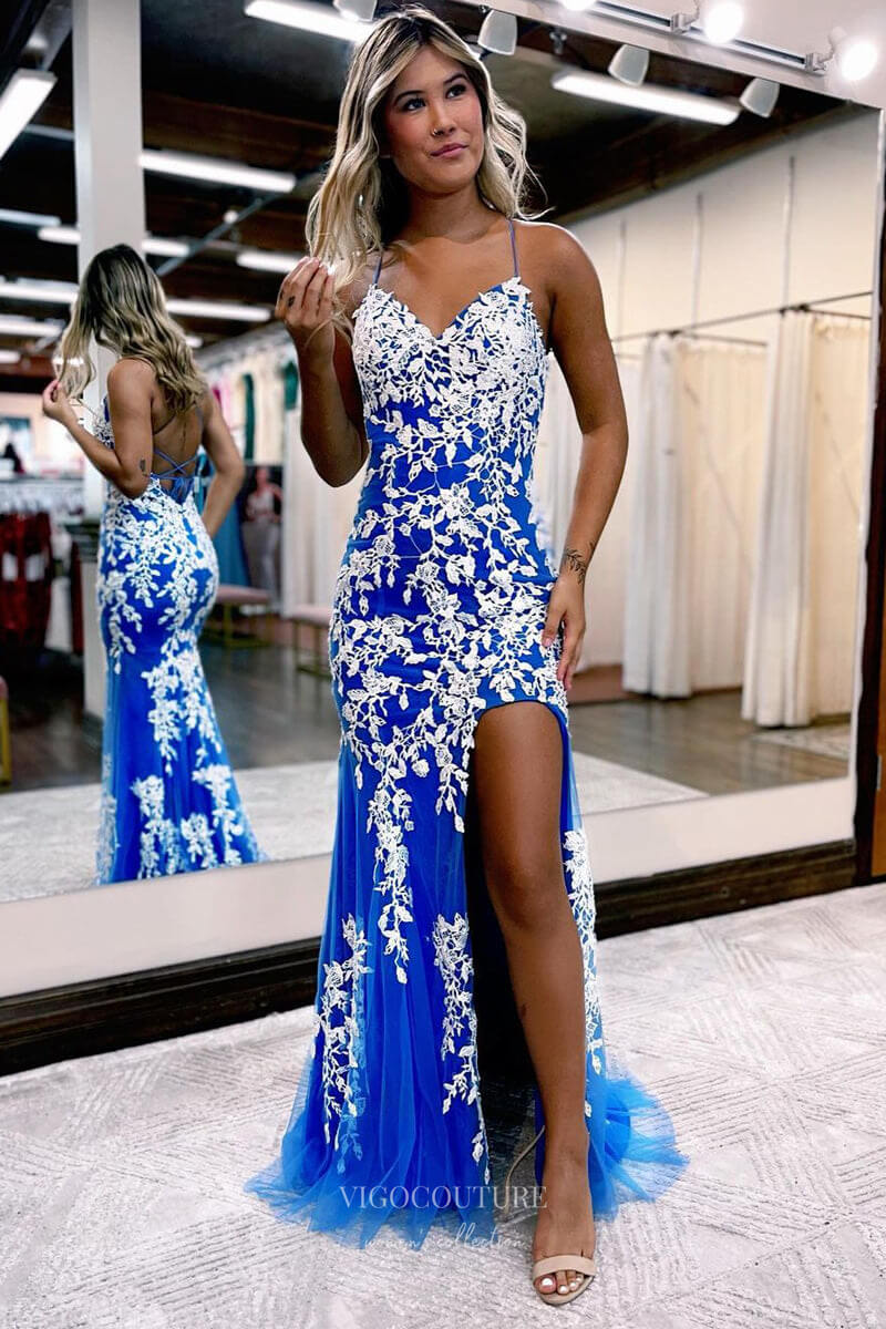 Blue Mermaid Lace Applique Prom Dresses with Slit Spaghetti Strap Lace Up Back 24207-Prom Dresses-vigocouture-Blue-Custom Size-vigocouture